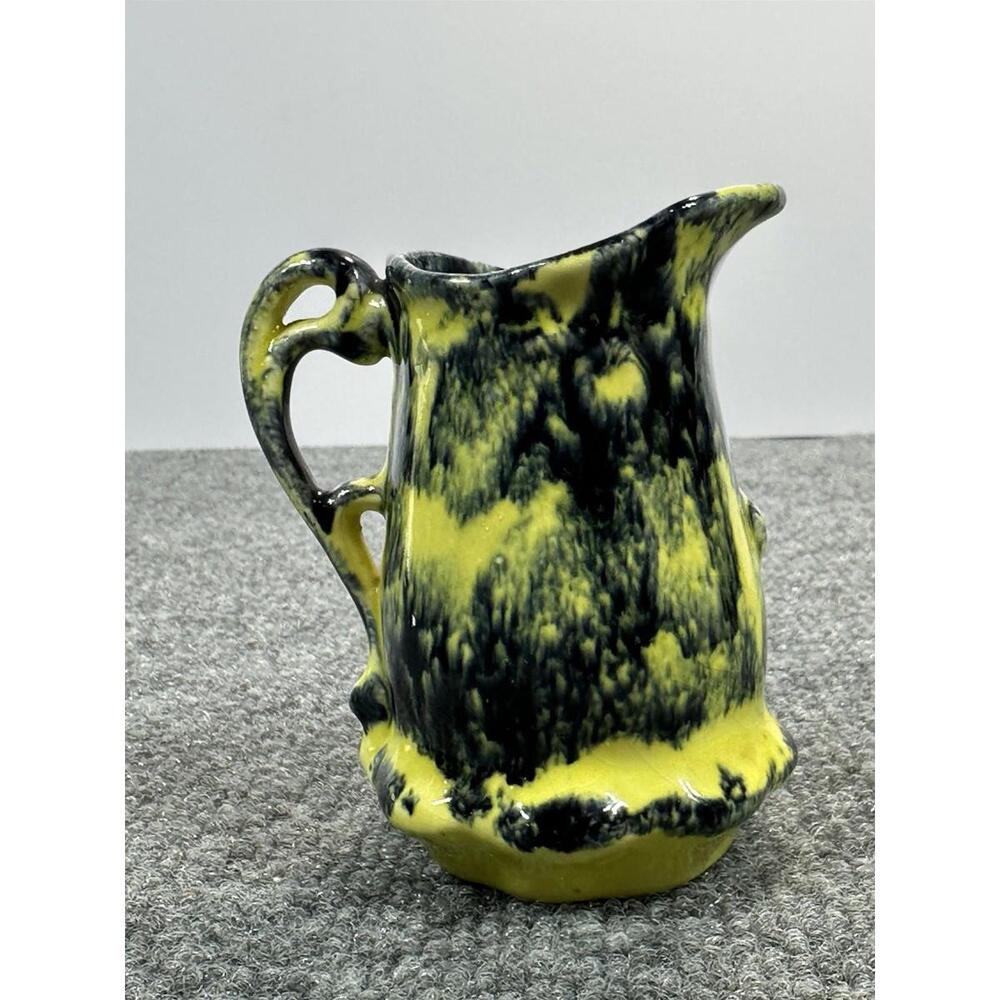 Vintage Yankee Potter Miniature Pitcher Glazed Cream Blue Yellow Maine Vermont